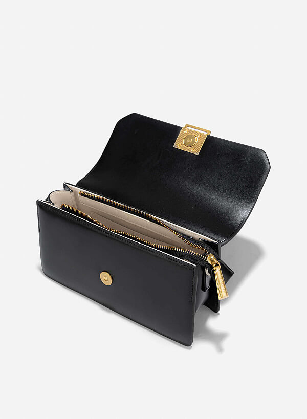 Metal Lock Leather Bag - MES 0246 - Black - VASCARA