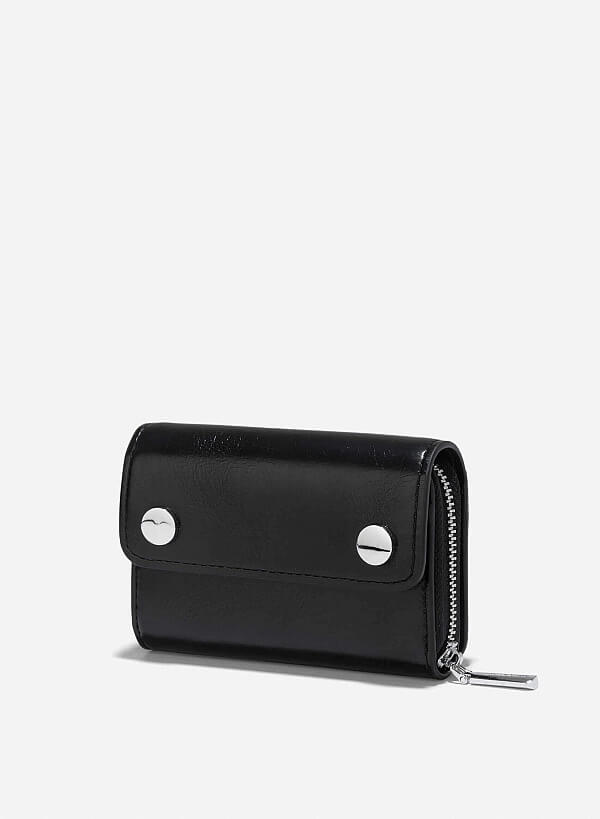 Metal Lock Mini Flap Wallet - WLL 0296 - Black - VASCARA