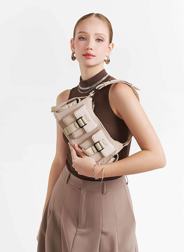 Multi-Compartment Parachute Fabric Mini Pocket Bag - MES 0256 - Beige - VASCARA