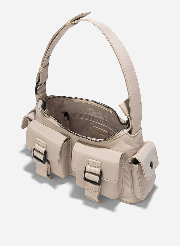 Multi-Compartment Parachute Fabric Mini Pocket Bag - MES 0256 - Beige - VASCARA