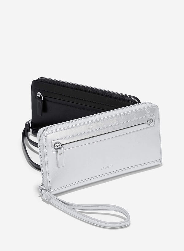 Multi-Compartment Zip-Around Handheld Wallet - WLL 0291 - Silver - VASCARA