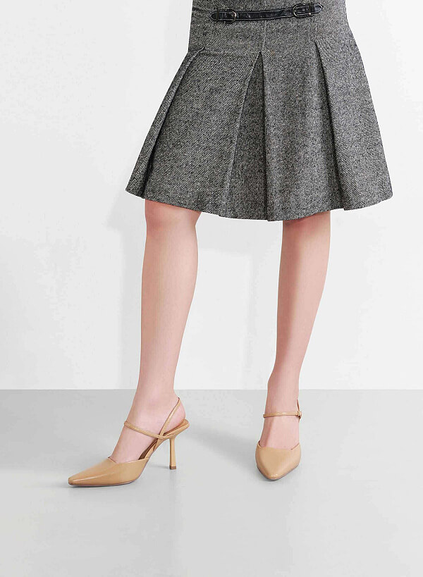 Pointed Toe Ankle Strap Pumps - HIG 0664 - Beige - VASCARA