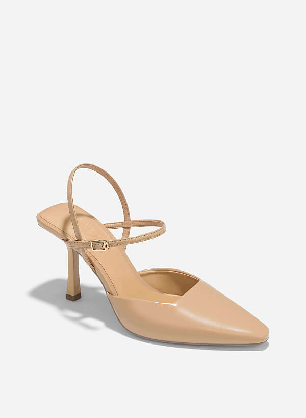 Pointed Toe Ankle Strap Pumps - HIG 0664 - Beige - VASCARA