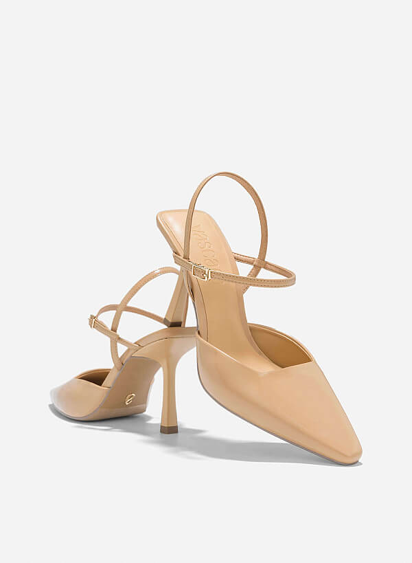 Pointed Toe Ankle Strap Pumps - HIG 0664 - Beige - VASCARA