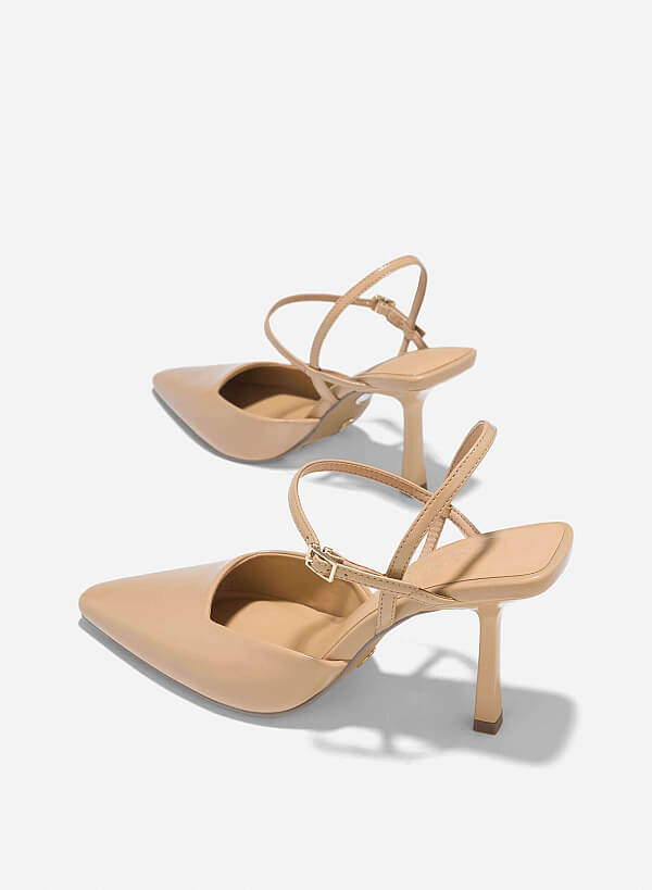 Pointed Toe Ankle Strap Pumps - HIG 0664 - Beige - VASCARA