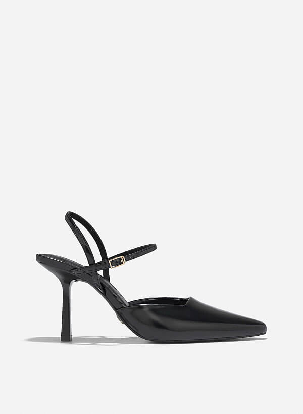 Pointed Toe Ankle Strap Pumps - HIG 0664 - Black