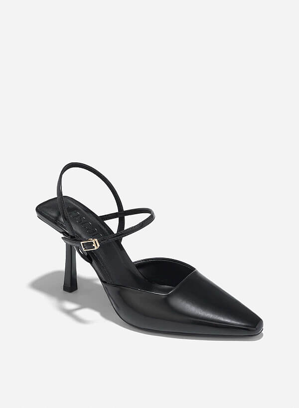 Pointed Toe Ankle Strap Pumps - HIG 0664 - Black - VASCARA