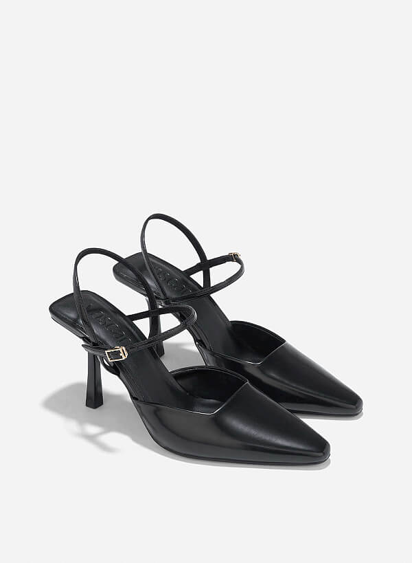Pointed Toe Ankle Strap Pumps - HIG 0664 - Black - VASCARA