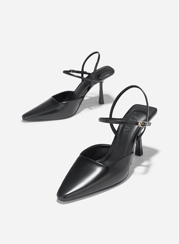 Pointed Toe Ankle Strap Pumps - HIG 0664 - Black - VASCARA