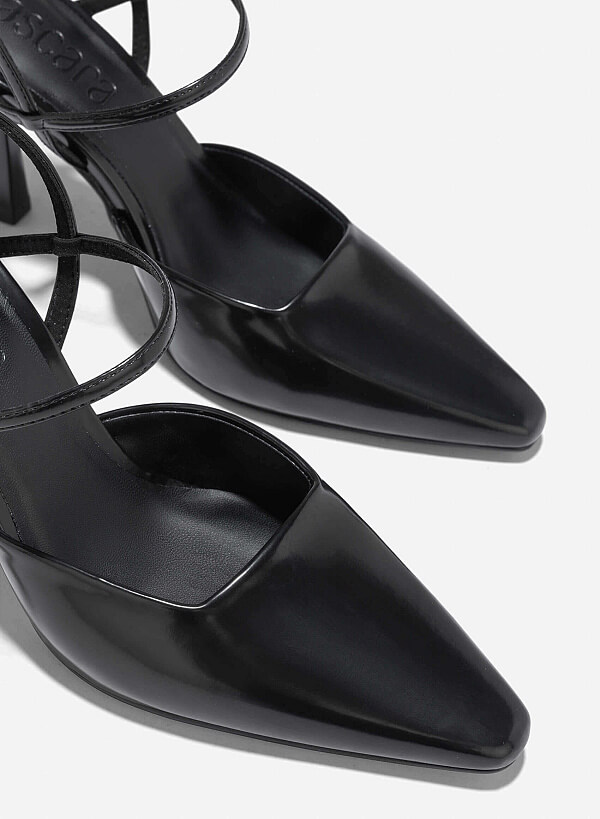 Pointed Toe Ankle Strap Pumps - HIG 0664 - Black - VASCARA