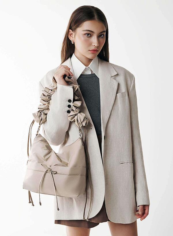 Ruching Drawstring Strap Parachute Fabric Shoulder Bag - TTE 0171 - Beige - VASCARA