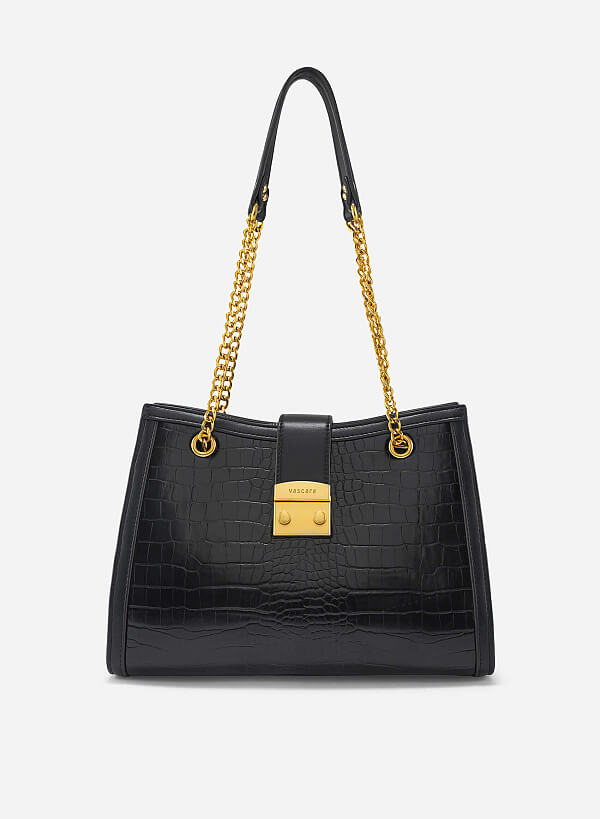 Snap Lock Crocodile Pattern Shoulder Bag - TTE 0166 - Black