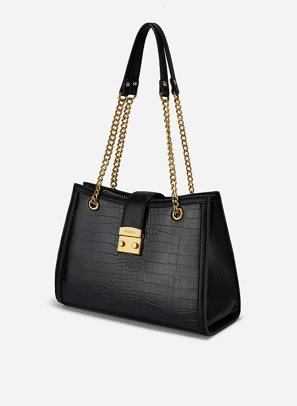 Snap Lock Crocodile Pattern Shoulder Bag - TTE 0166 - Black - VASCARA
