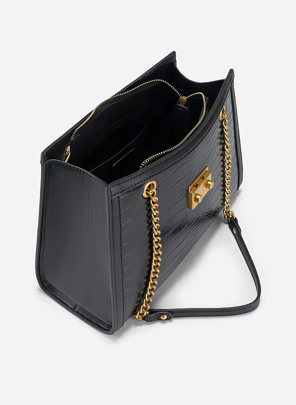 Snap Lock Crocodile Pattern Shoulder Bag - TTE 0166 - Black - VASCARA
