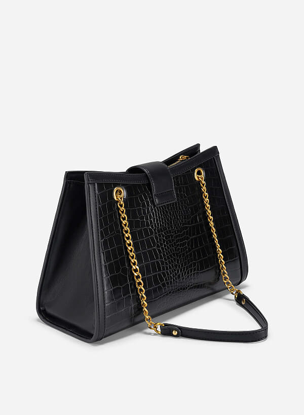 Snap Lock Crocodile Pattern Shoulder Bag - TTE 0166 - Black - VASCARA