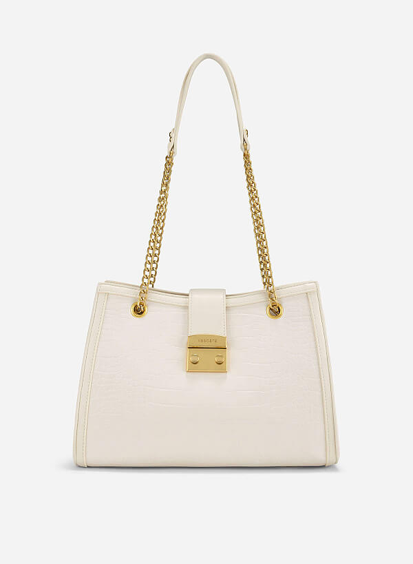 Snap Lock Crocodile Pattern Shoulder Bag - TTE 0166 - Cream