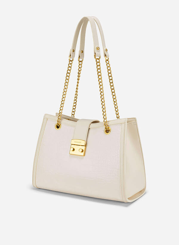 Snap Lock Crocodile Pattern Shoulder Bag - TTE 0166 - Cream - VASCARA