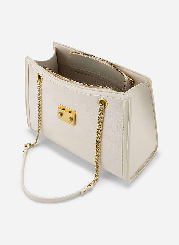 Snap Lock Crocodile Pattern Shoulder Bag - TTE 0166 - Cream - VASCARA