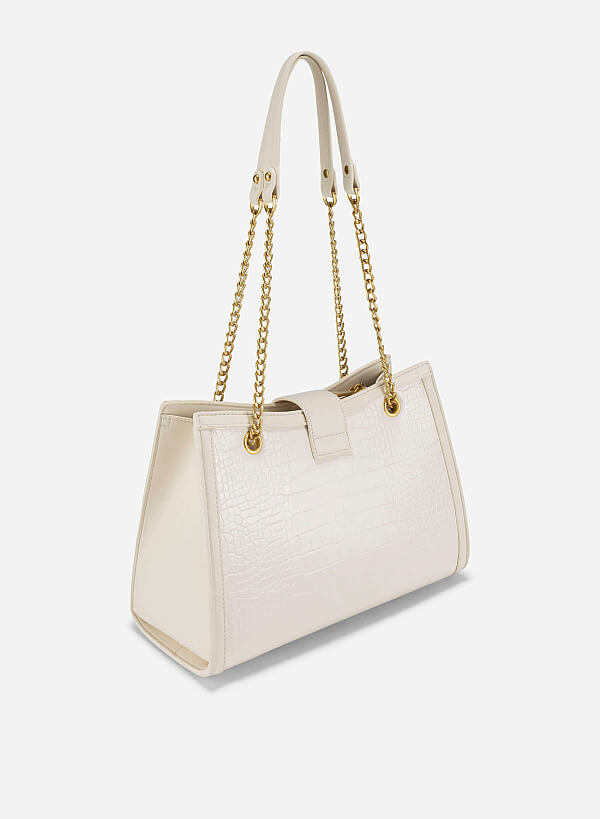 Snap Lock Crocodile Pattern Shoulder Bag - TTE 0166 - Cream - VASCARA