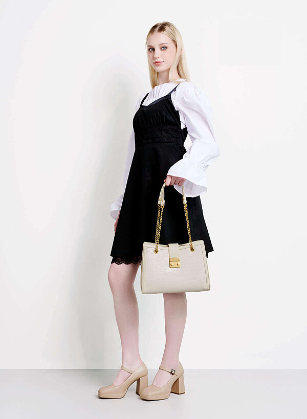 Snap Lock Crocodile Pattern Shoulder Bag - TTE 0166 - Cream - VASCARA
