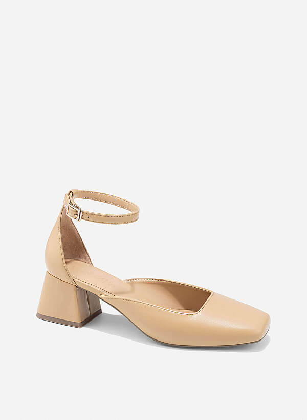 Square Toe Ankle Strap Pumps - HIG 0670 - Beige - VASCARA