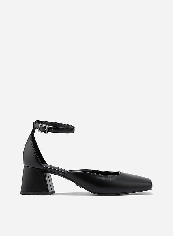Square Toe Ankle Strap Pumps - HIG 0670 - Black