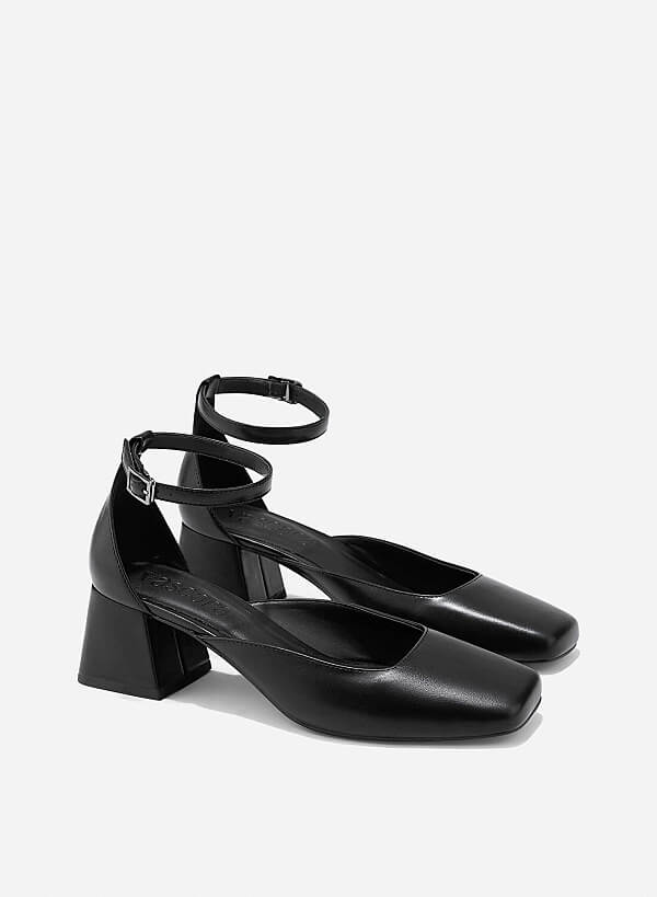 Square Toe Ankle Strap Pumps - HIG 0670 - Black - VASCARA