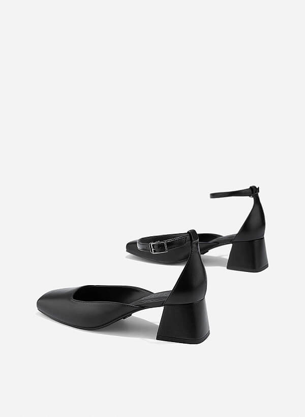 Square Toe Ankle Strap Pumps - HIG 0670 - Black - VASCARA