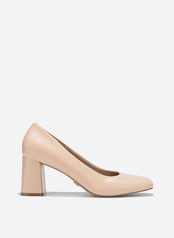 Square Toe Block Heeled Pumps - HIG 0673 - Beige