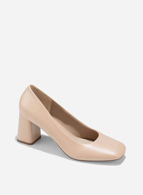 Square Toe Block Heeled Pumps - HIG 0673 - Beige - VASCARA