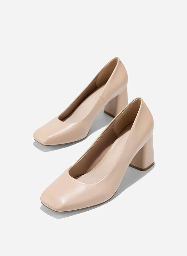 Square Toe Block Heeled Pumps - HIG 0673 - Beige - VASCARA