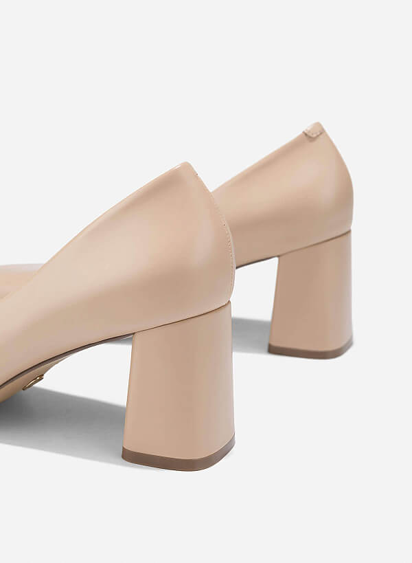 Square Toe Block Heeled Pumps - HIG 0673 - Beige - VASCARA