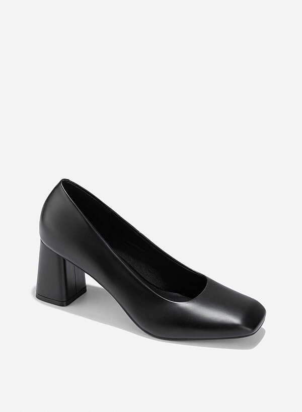 Square Toe Block Heeled Pumps - HIG 0673 - Black - VASCARA