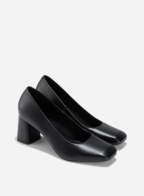 Square Toe Block Heeled Pumps - HIG 0673 - Black - VASCARA