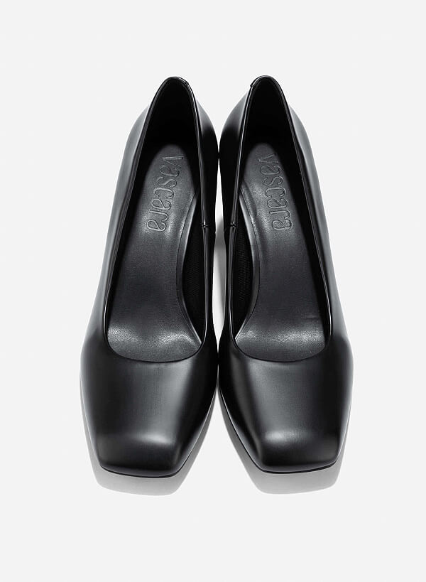 Square Toe Block Heeled Pumps - HIG 0673 - Black - VASCARA