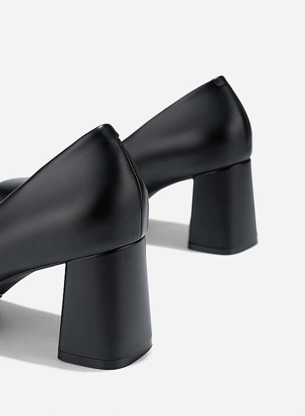 Square Toe Block Heeled Pumps - HIG 0673 - Black - VASCARA