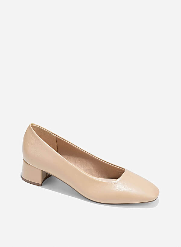 Square Toe Block Heels Pumps - HIG 0668 - Beige - VASCARA