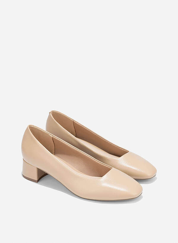 Square Toe Block Heels Pumps - HIG 0668 - Beige - VASCARA