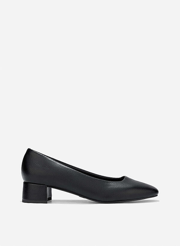 Square Toe Block Heels Pumps - HIG 0668 - Black