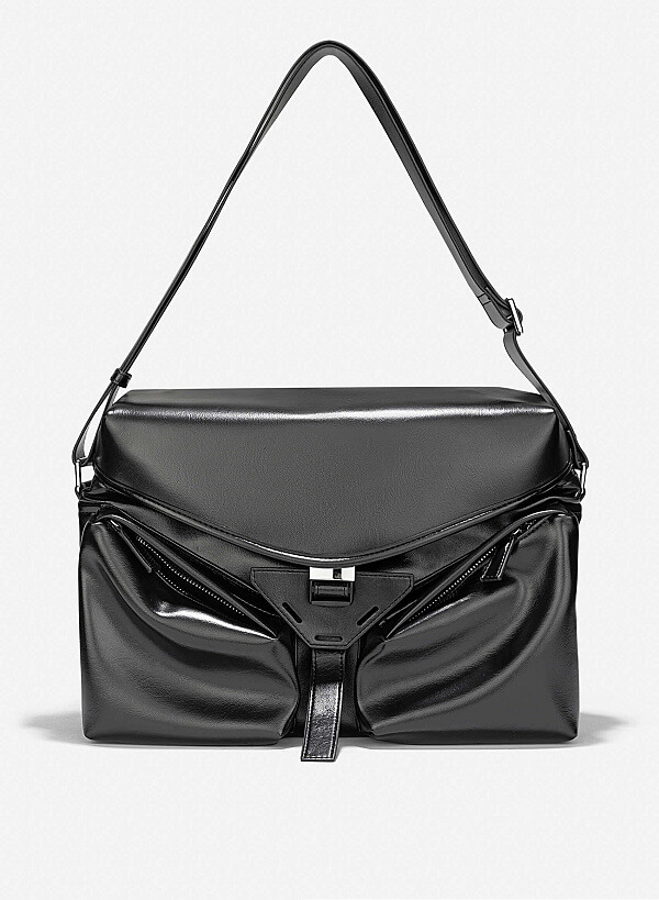 Trendy Patent Leather Flap Satchel Bag - SAC 0331 - Black