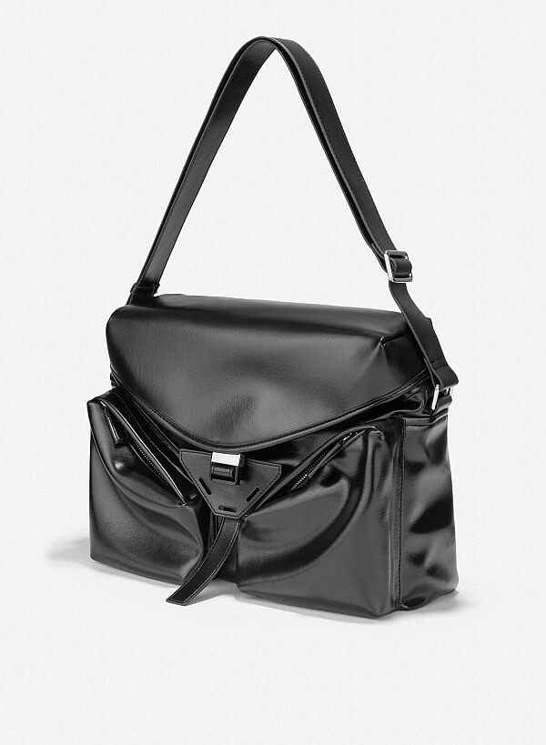 Trendy Patent Leather Flap Satchel Bag - SAC 0331 - Black - VASCARA
