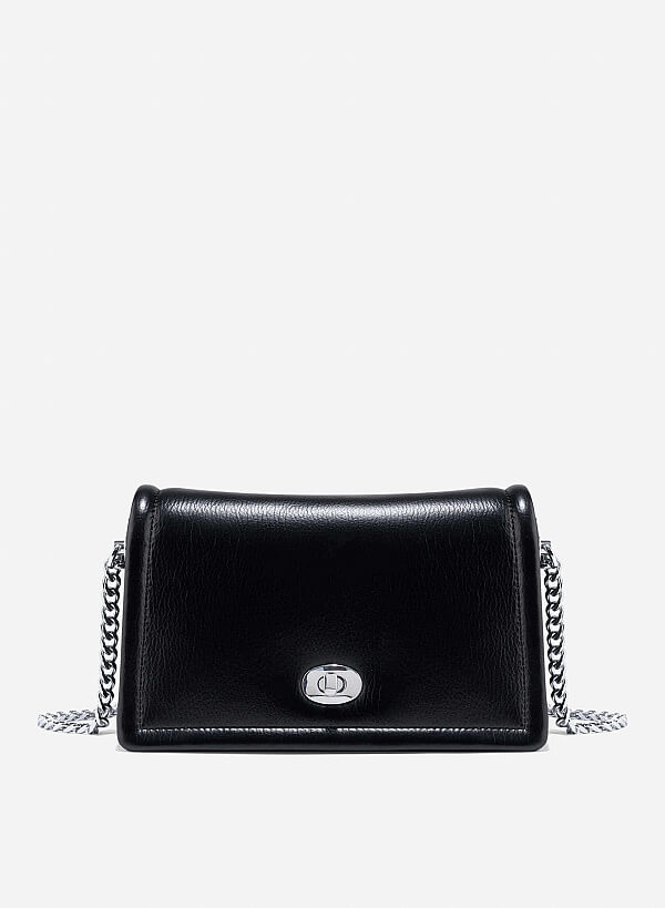Twist Lock Flap Shoulder Bag - MES 0259 - Black