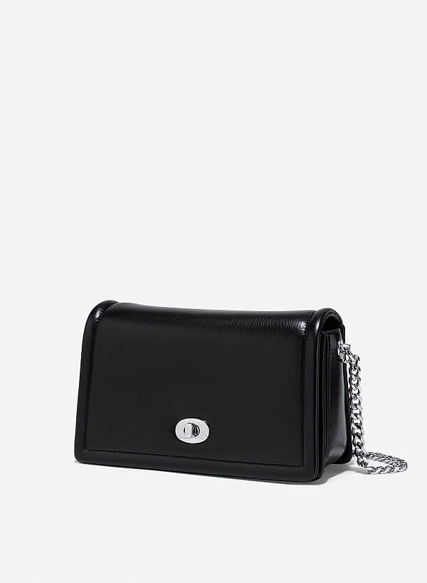 Twist Lock Flap Shoulder Bag - MES 0259 - Black - VASCARA