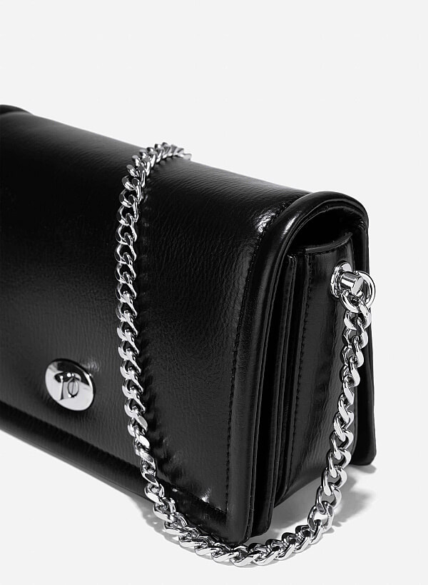 Twist Lock Flap Shoulder Bag - MES 0259 - Black - VASCARA