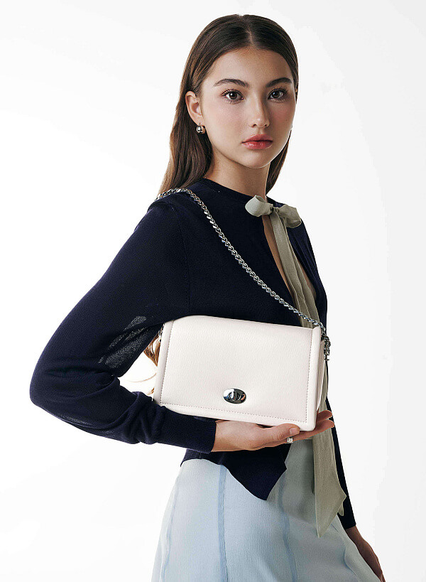 Twist Lock Flap Shoulder Bag - MES 0259 - Cream - VASCARA