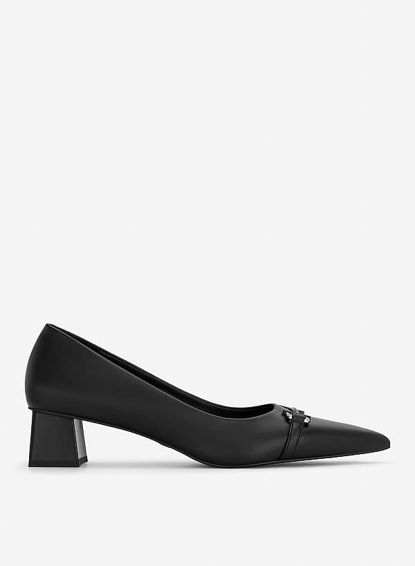 Giày bít mũi nhọn block heel nhấn trang trí