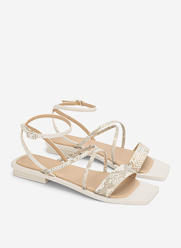 Giày sandals quai ngang vân da animals - SDK 0350 - Màu kem - VASCARA
