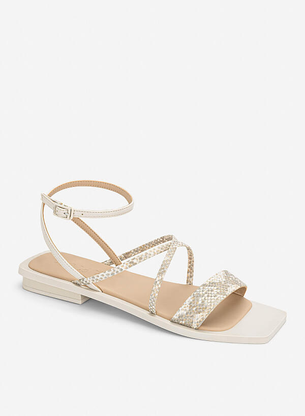 Giày sandals quai ngang vân da animals - SDK 0350 - Màu kem - VASCARA