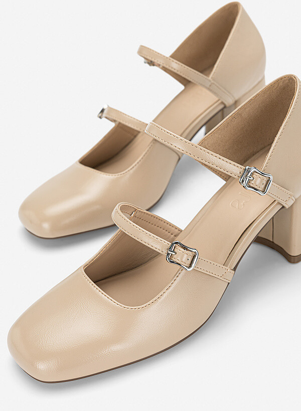 Giày gót trụ Mary Jane cut-out - BMN 0734 - Màu kem - VASCARA
