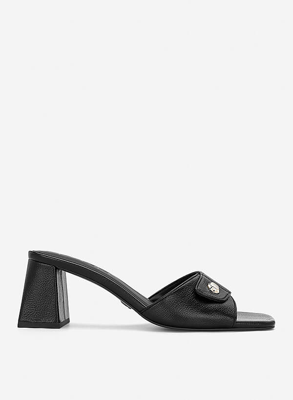 Guốc mules block heel nhấn nút kim loại